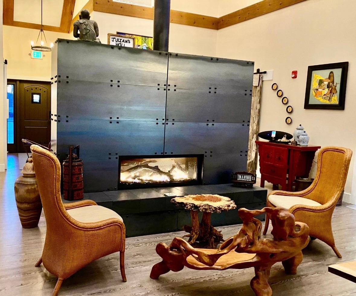 The fireplace in Julian's Hall